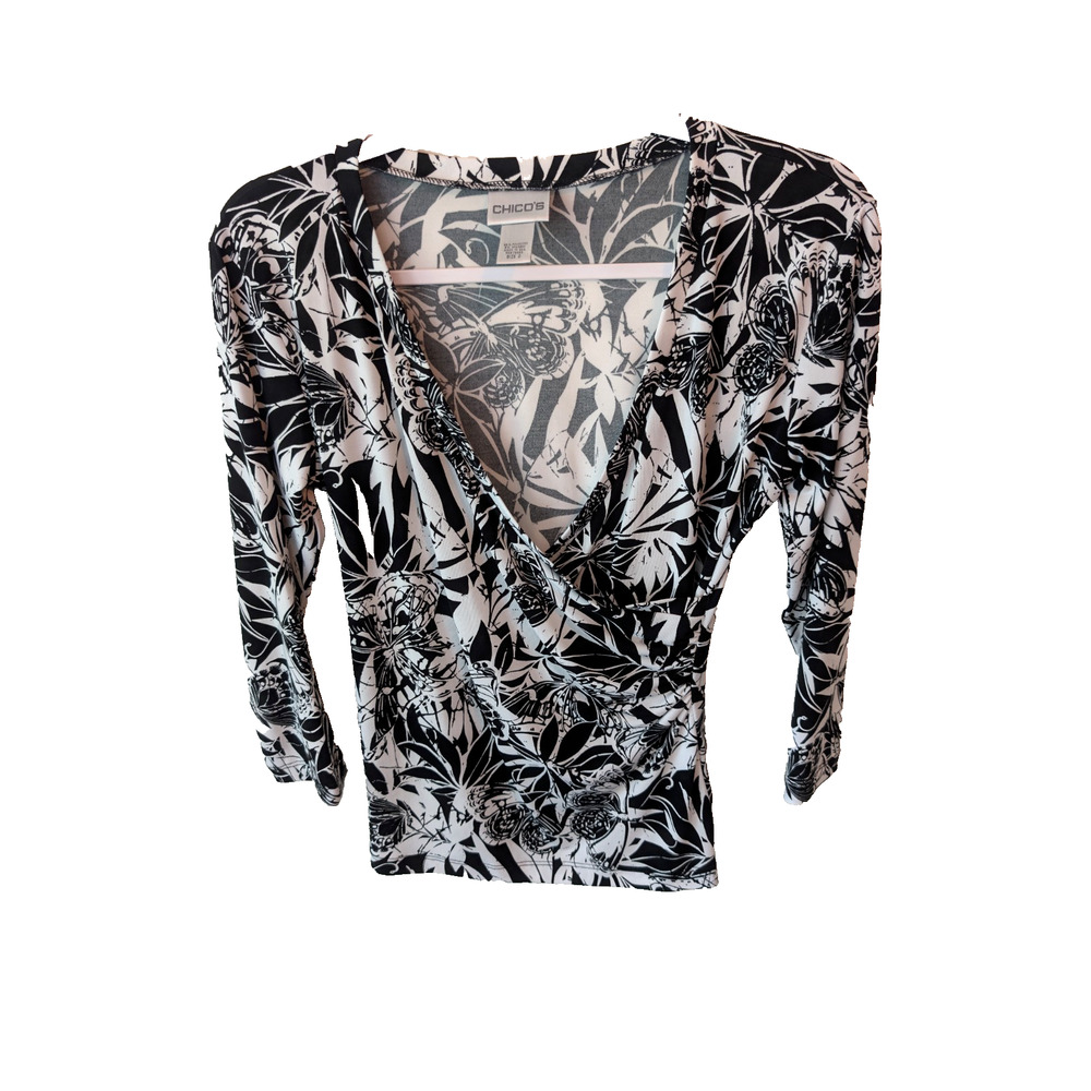 CHICOS Top Shirt Crossover Floral Black White Sz 0